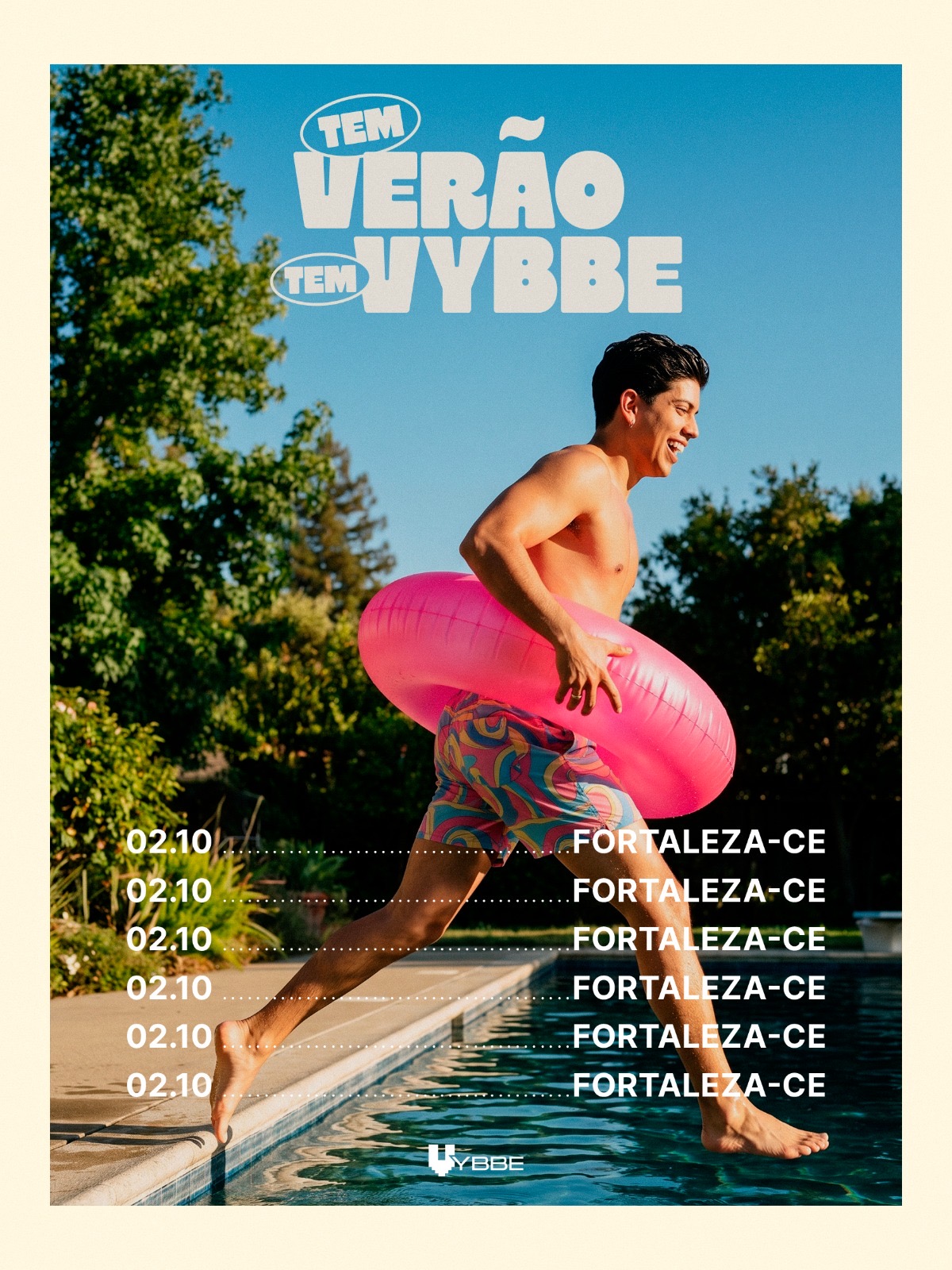Agenda de verão de Léo Foguete pulando na piscina com uma boia rosa