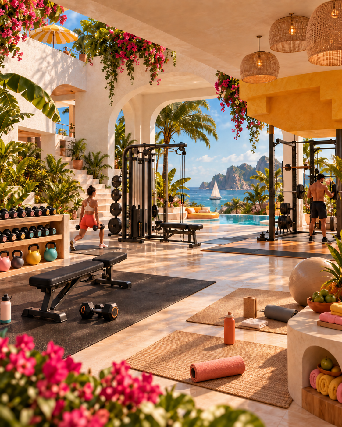 Academia aberta da Casa Vybbe integrada aos arcos, à piscina e ao paisagismo, com cores nos halteres, kettlebells e toalhas