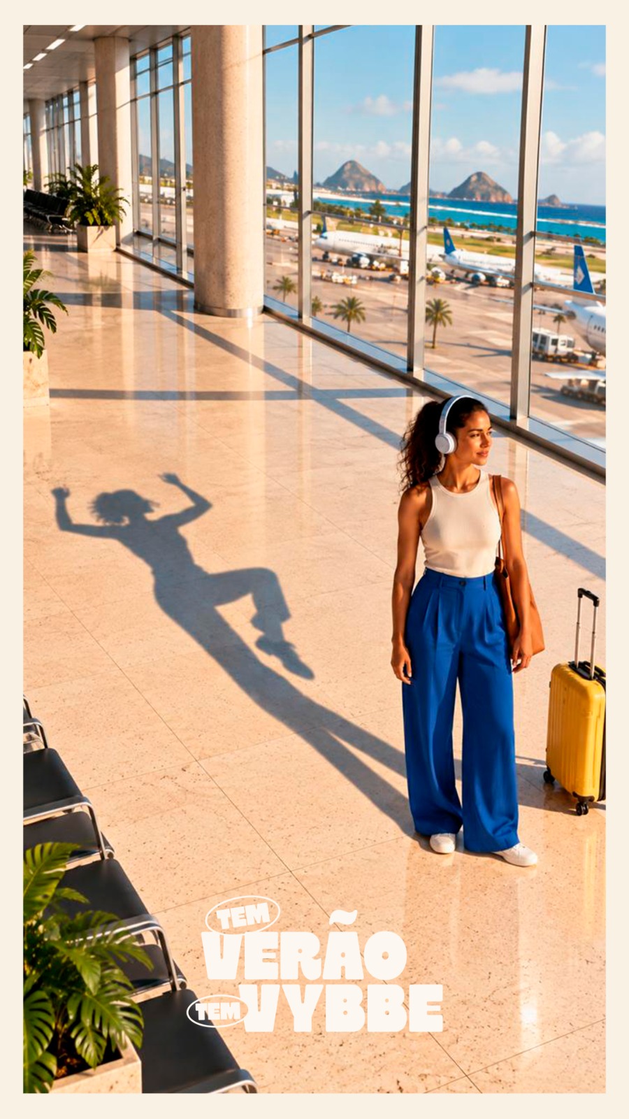 Mulher de fone esperando no aeroporto enquanto sua sombra dança