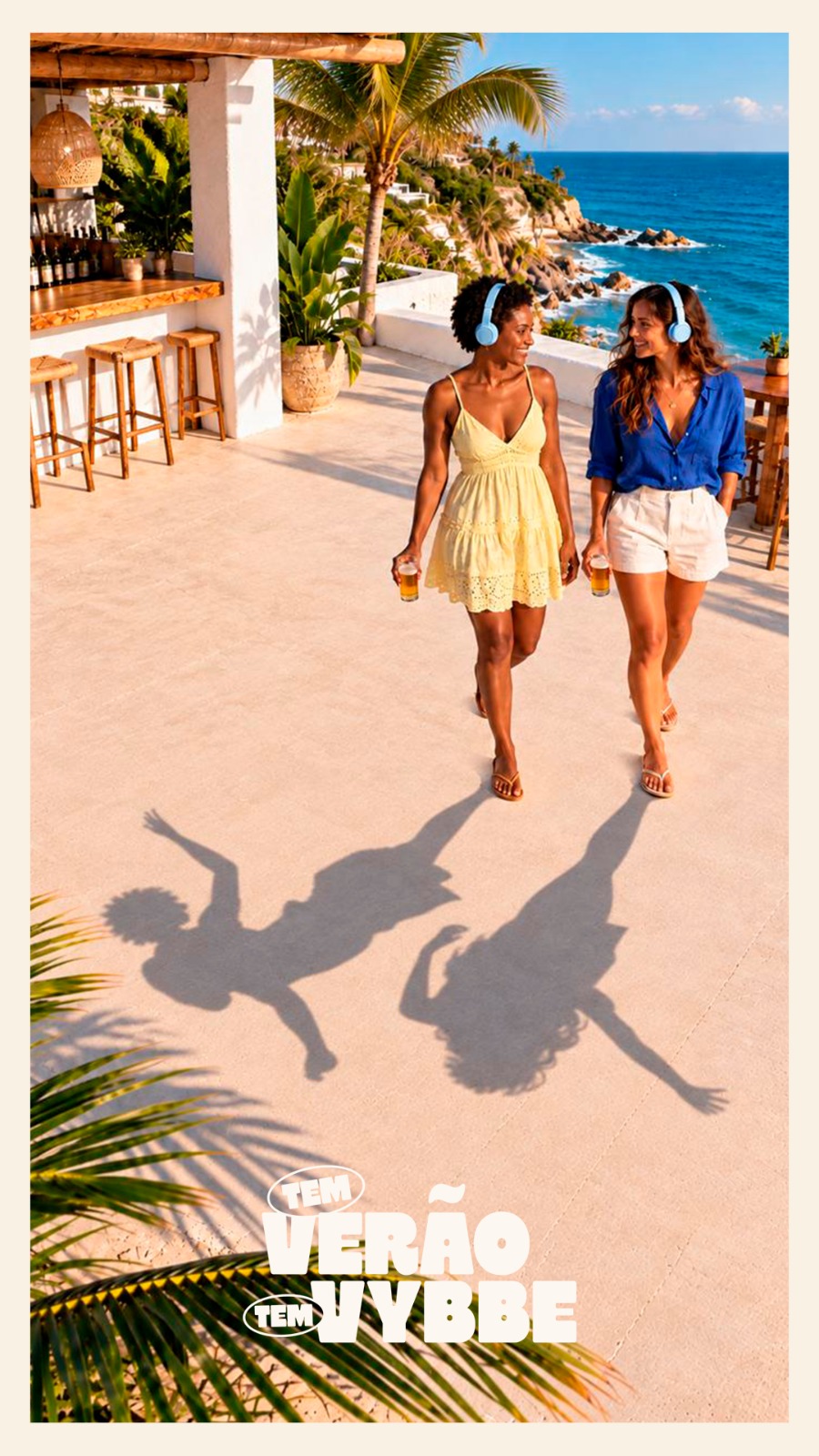 Duas amigas de fone e bebida na mão; suas sombras dançam